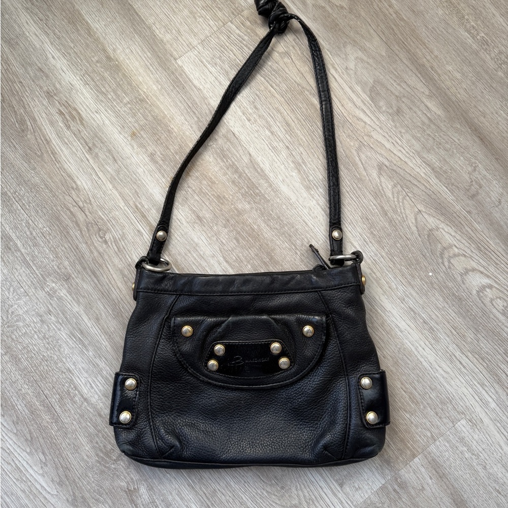 B. Makowsky Black Leather Shoulder Bag with Gold Accents